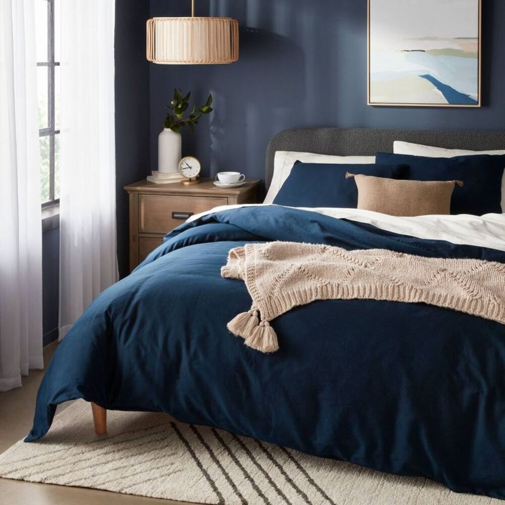 Twin/Twin XL 250TC Washed Cotton Sateen Duvet Cover Set - Dark Navy